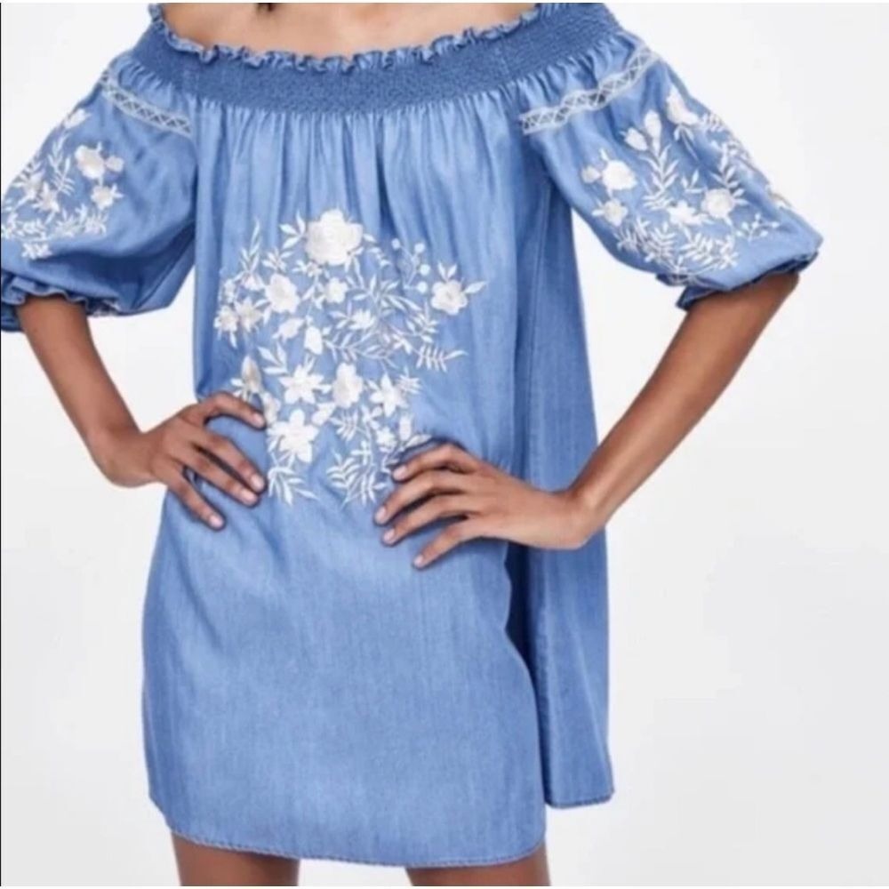 Zara Light Blue Off-Shoulder Embroidered Mini Dress
